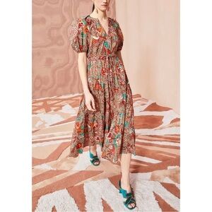NWOT Ulla Johnson Midi Floral Tiered Olina Puff-Sleeve Dress
